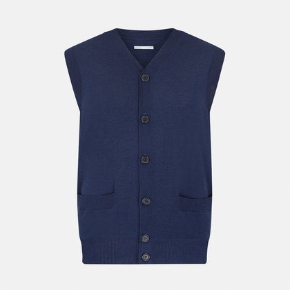 Navy Fine Merino V-Neck Sleeveless Cardigan