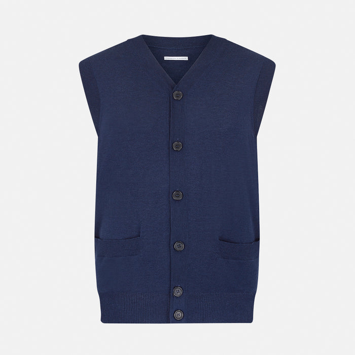Navy Fine Merino V-Neck Sleeveless Cardigan
