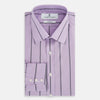 View 5 of product The Turnbull & Asser Lilac Track Stripe Mayfair Shirt is a long-sleeve Italian cotton shirt in light purple with dark lilac vertical stripes, shown laid flat on a white background.