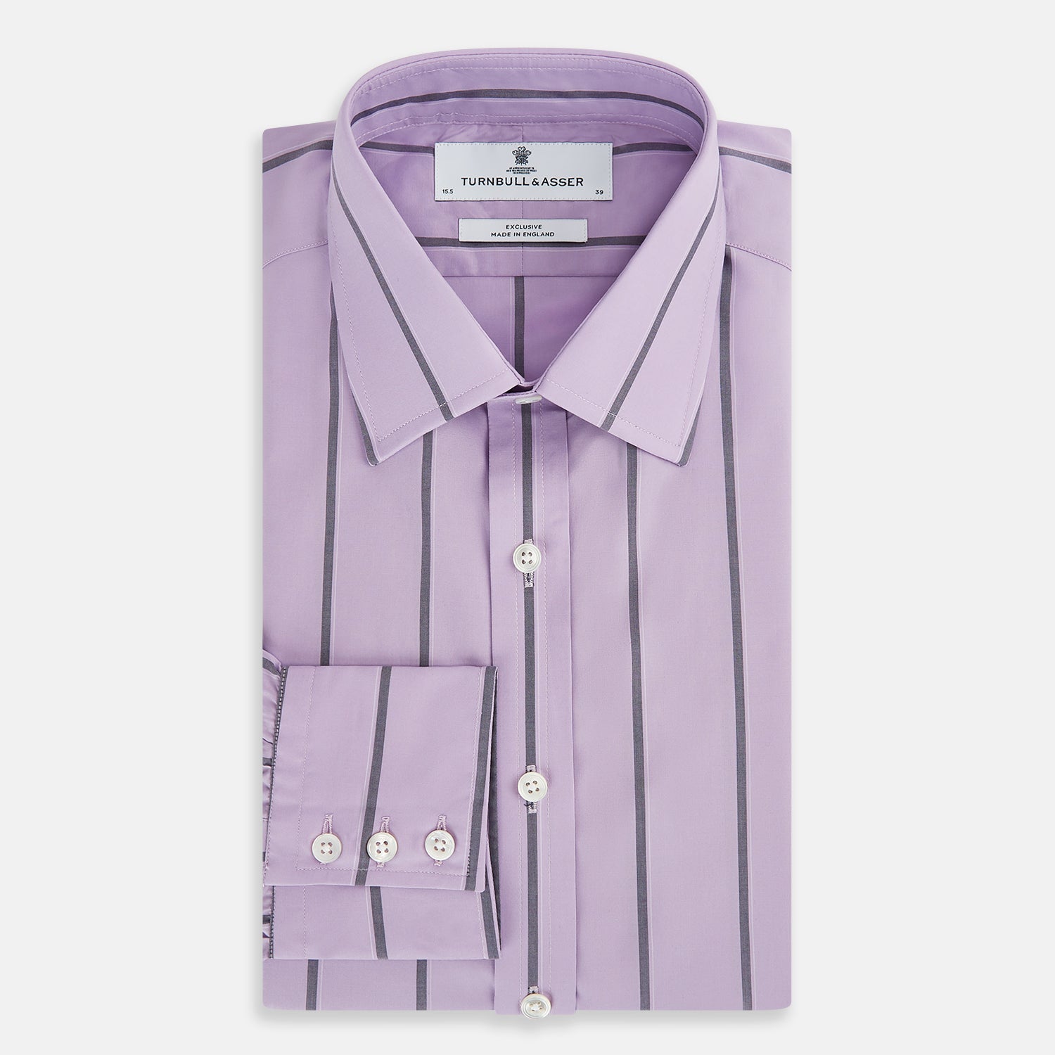 View 5 of product The Turnbull & Asser Lilac Track Stripe Mayfair Shirt is a long-sleeve Italian cotton shirt in light purple with dark lilac vertical stripes, shown laid flat on a white background.