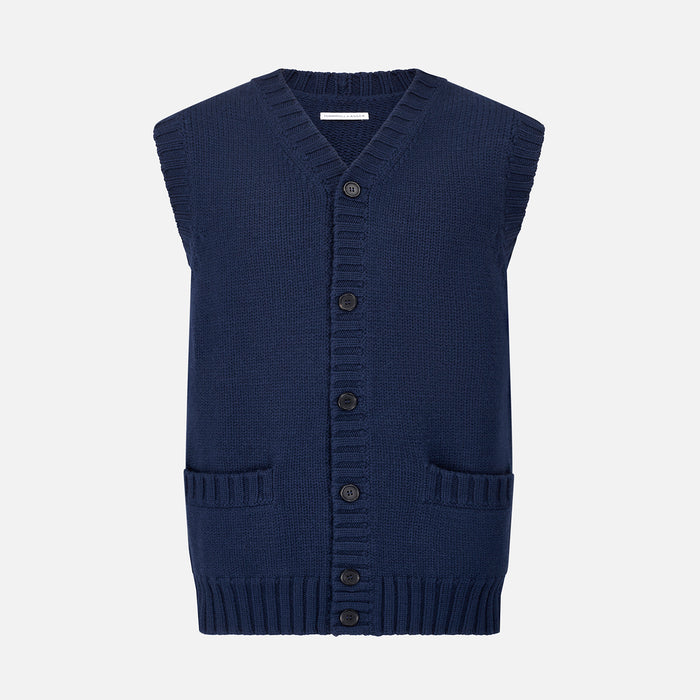 NAVY MERINO V-NECK SLEEVELESS CARDIGAN