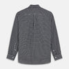 View 5 of product The Turnbull & Asser Black Multi Check Cotton Blend Weekend Fit Hayne Shirt features a Dorset button-down collar and white buttons, with a black and white plaid pattern, shown laid flat on a white background.