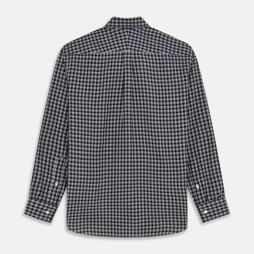 The Turnbull & Asser Black Multi Check Cotton Blend Weekend Fit Hayne Shirt features a Dorset button-down collar and white buttons, with a black and white plaid pattern, shown laid flat on a white background.