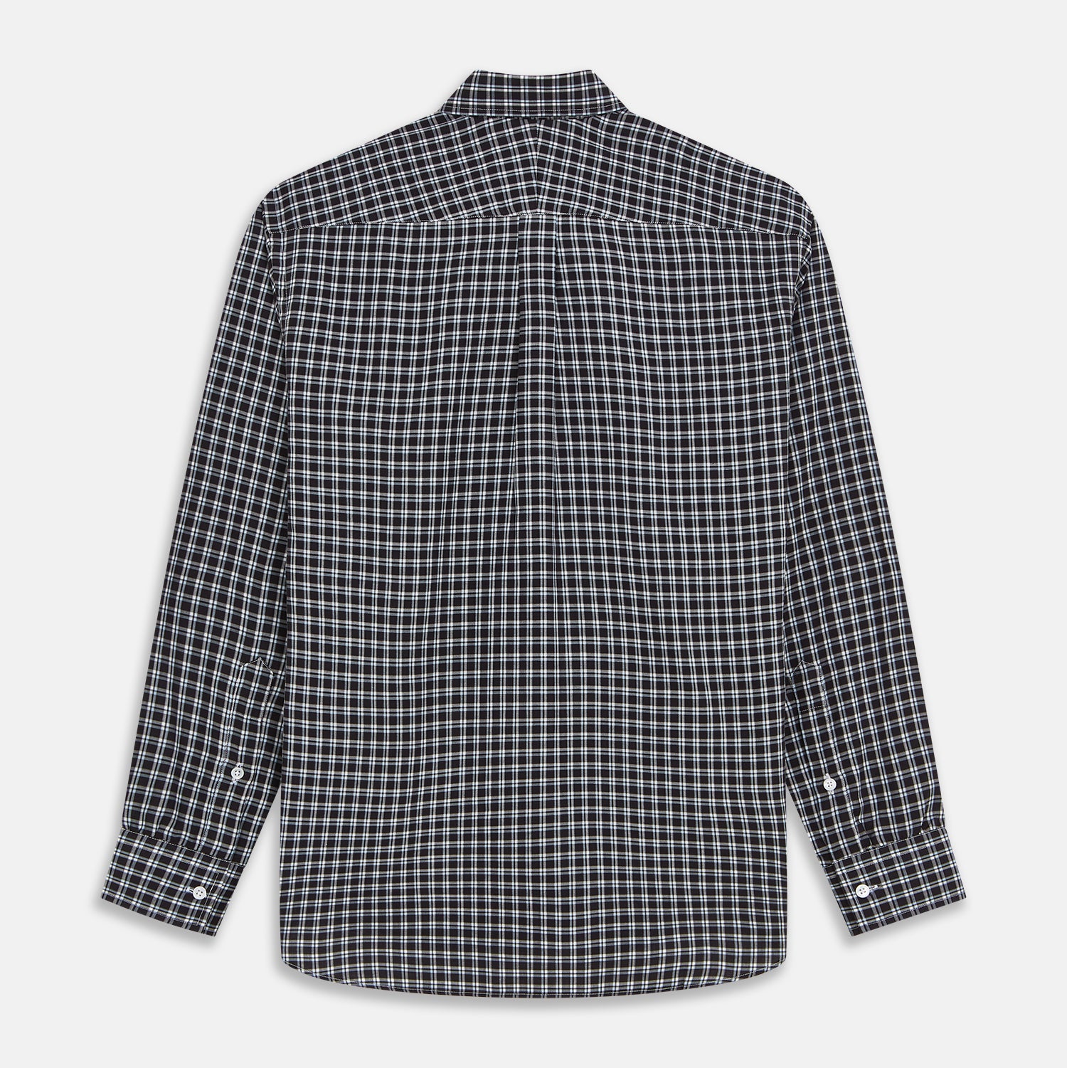 View 5 of product The Turnbull & Asser Black Multi Check Cotton Blend Weekend Fit Hayne Shirt features a Dorset button-down collar and white buttons, with a black and white plaid pattern, shown laid flat on a white background.