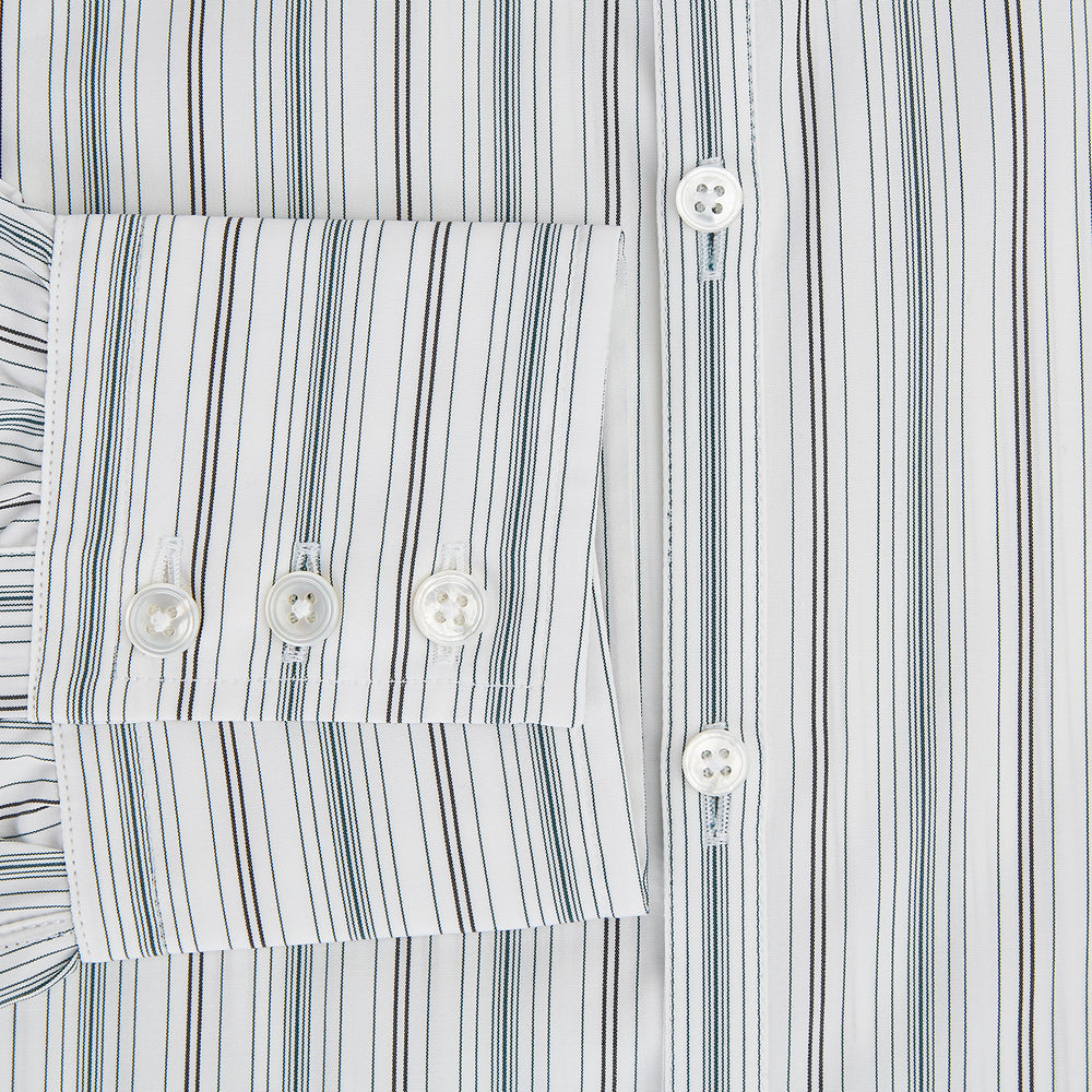 A Forest Green Multi Stripe Westminster Shirt by Turnbull & Asser, featuring thin green stripes on white and expert British craftsmanship, is neatly laid flat with visible cuffs.