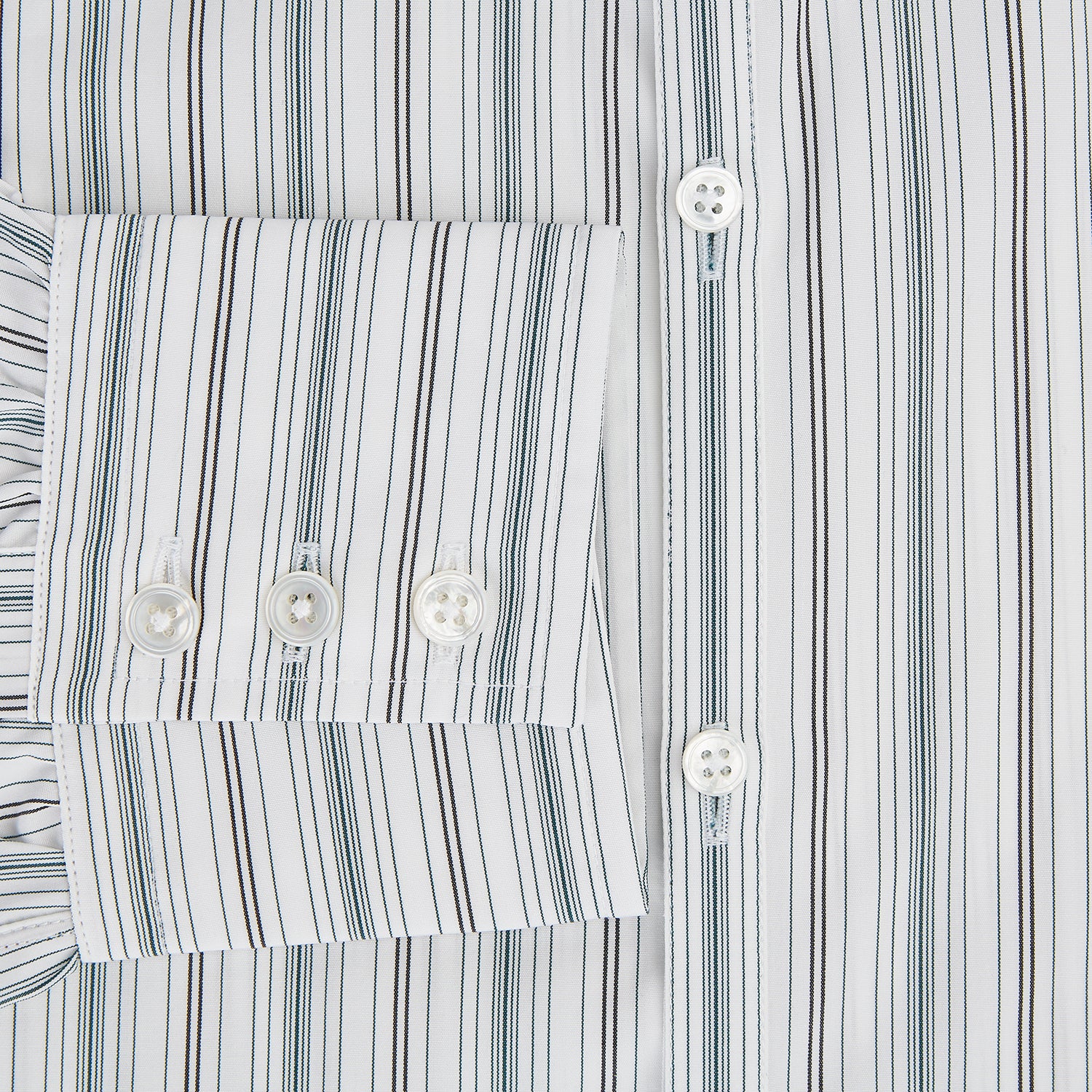 View 4 of product A Forest Green Multi Stripe Westminster Shirt by Turnbull & Asser, featuring thin green stripes on white and expert British craftsmanship, is neatly laid flat with visible cuffs.