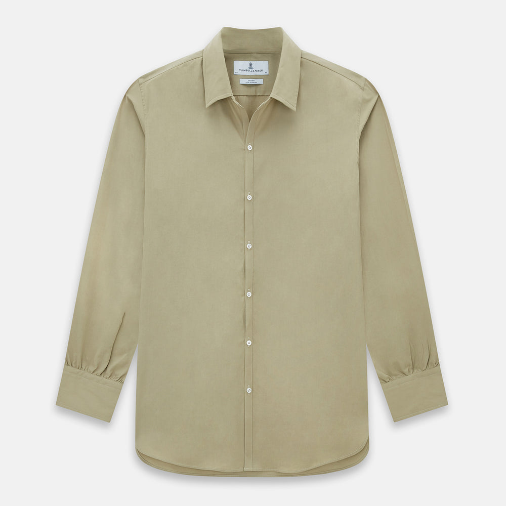 The TAUPE WINDSOR SHIRT by Turnbull & Asser features a Windsor collar and buttoned cuffs. This long-sleeve shirt showcases refined British design and is displayed flat on a white background.