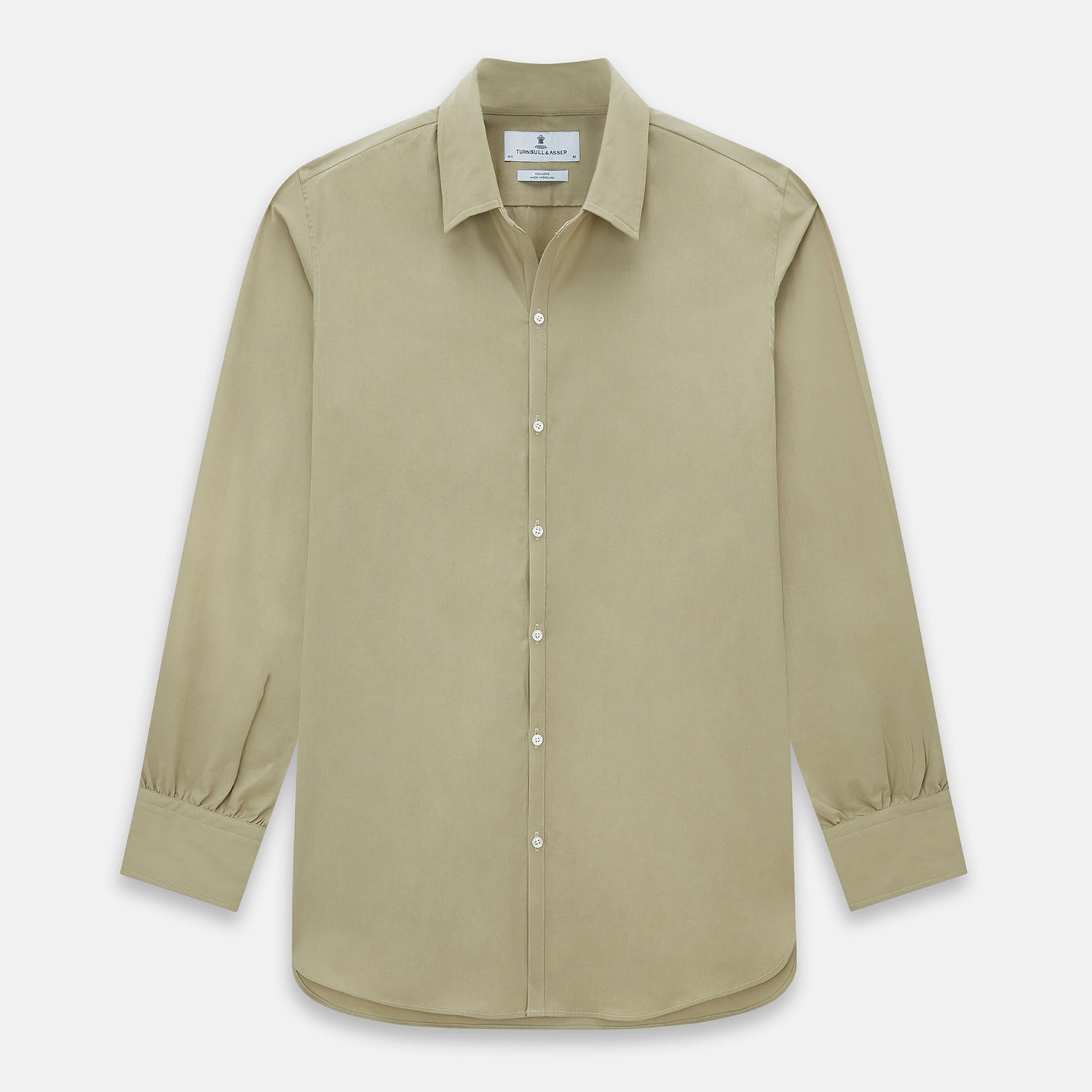 View 1 of product The TAUPE WINDSOR SHIRT by Turnbull & Asser features a Windsor collar and buttoned cuffs. This long-sleeve shirt showcases refined British design and is displayed flat on a white background.