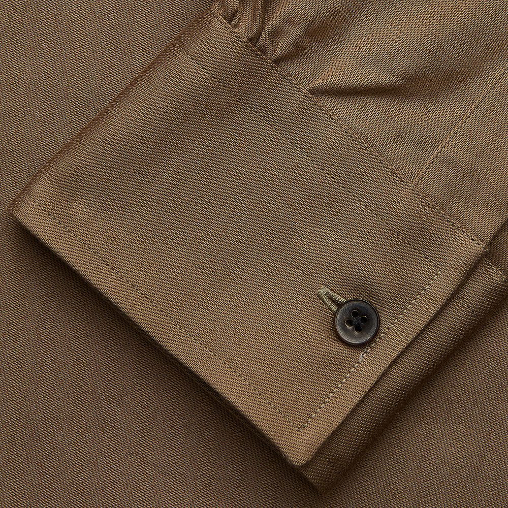 The Turnbull & Asser Khaki Weekend Fit Hayne Shirt features a Dorset collar and 1-button cuffs. Displayed on a plain white background.