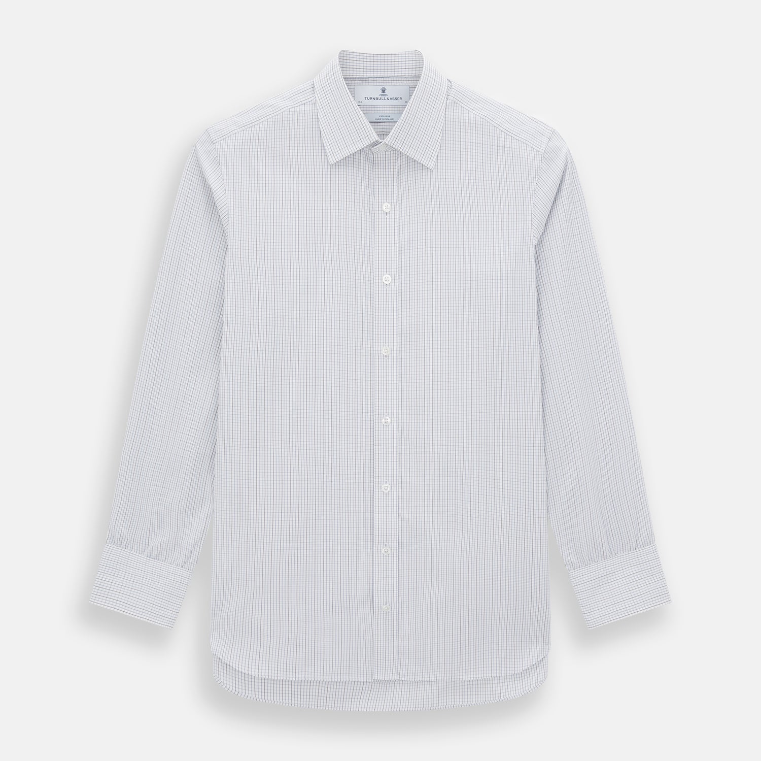 View 1 of product The Turnbull & Asser Pale Blue and Grey Grid Check Mayfair Shirt features long sleeves, a pointed collar, and buttoned cuffs. Crafted from Italian cotton, it displays a subtle grid pattern on a plain white background.