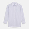View 1 of product The Turnbull & Asser Lilac Stripe Cotton Regular Fit Mayfair Shirt features thin white and lilac stripes, a T&A collar, and buttoned cuffs, shown laid flat on a white background.