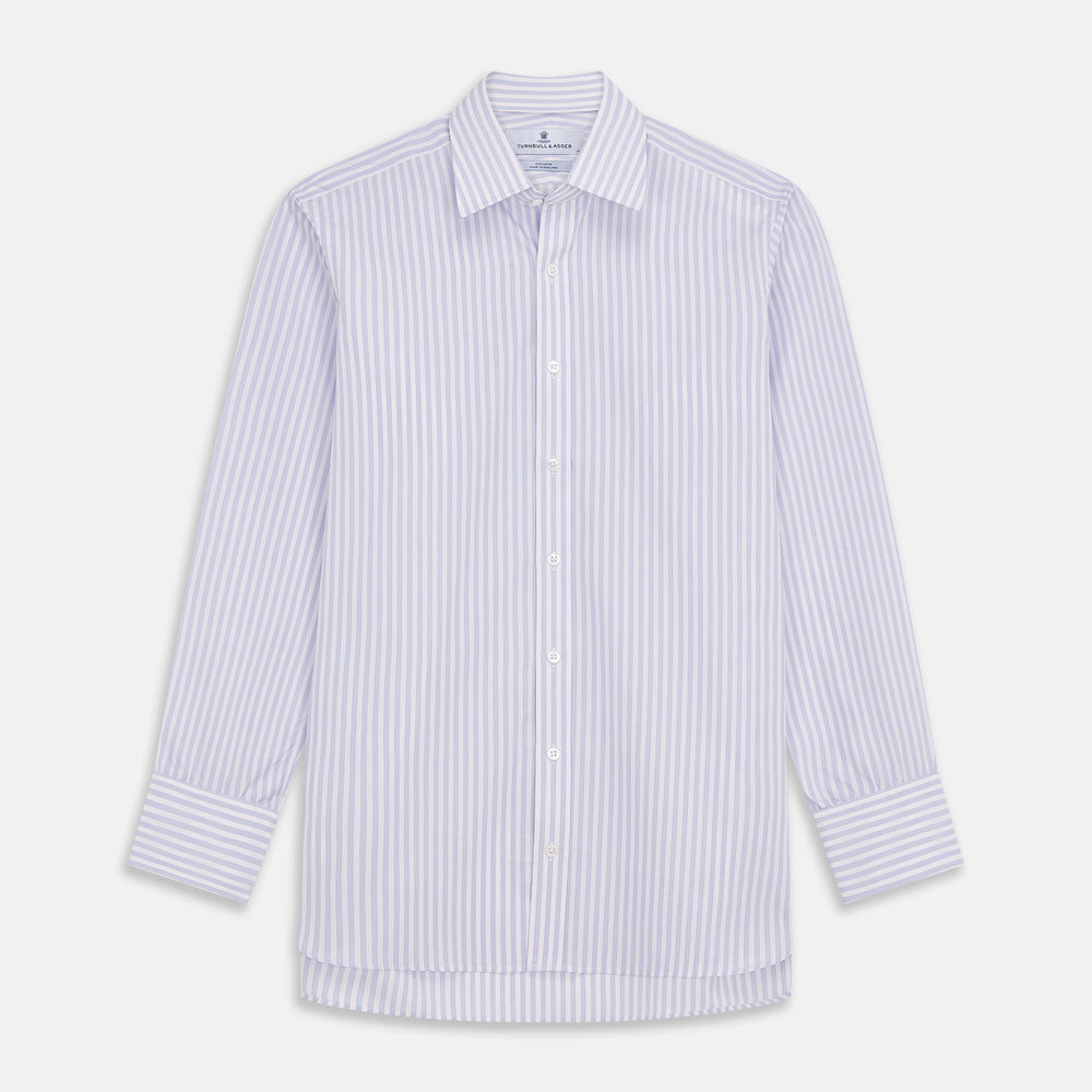 The Turnbull & Asser Lilac Stripe Cotton Regular Fit Mayfair Shirt features thin white and lilac stripes, a T&A collar, and buttoned cuffs, shown laid flat on a white background.