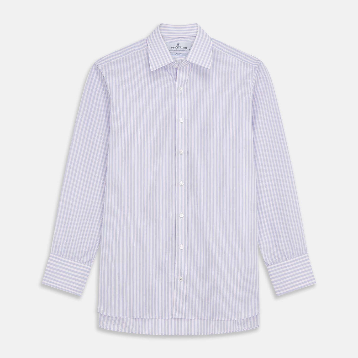 View 1 of product The Turnbull & Asser Lilac Stripe Cotton Regular Fit Mayfair Shirt features thin white and lilac stripes, a T&A collar, and buttoned cuffs, shown laid flat on a white background.