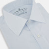 View 2 of product The Turnbull & Asser Blue and White Thin Stripe Shirt features a T&A collar and double cuffs, shown against a plain white background.