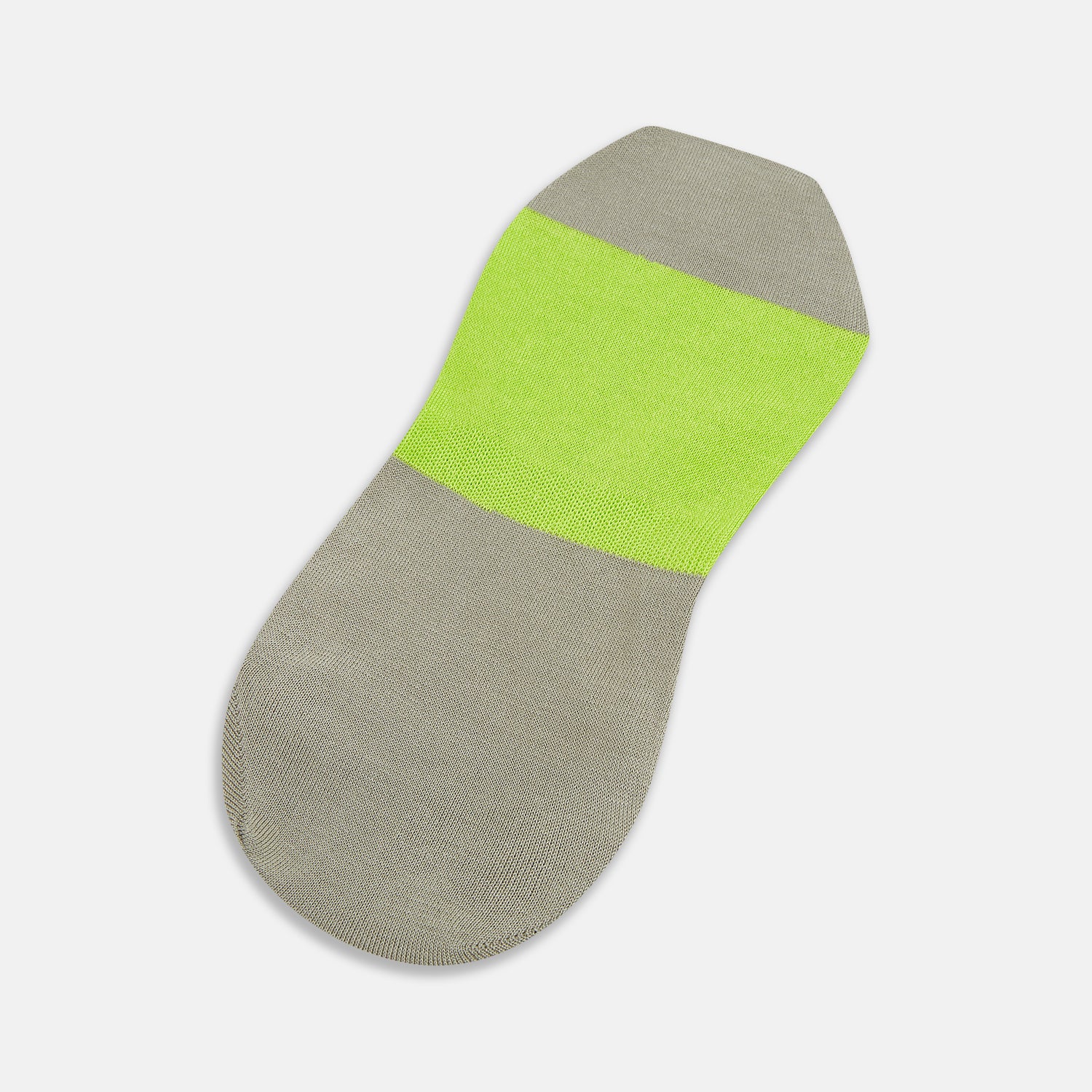 View 3 of product The Turnbull & Asser Vanilla No-Show Socks are shown on a white background, featuring a bright green toe and front, with the rest of the cotton sock in light grayish-brown.