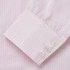 View 3 of product The Turnbull & Asser White and Pink Wide Stripe Mayfair Shirt features long sleeves, a collar, and bold vertical stripes, shown laid flat on a white background.