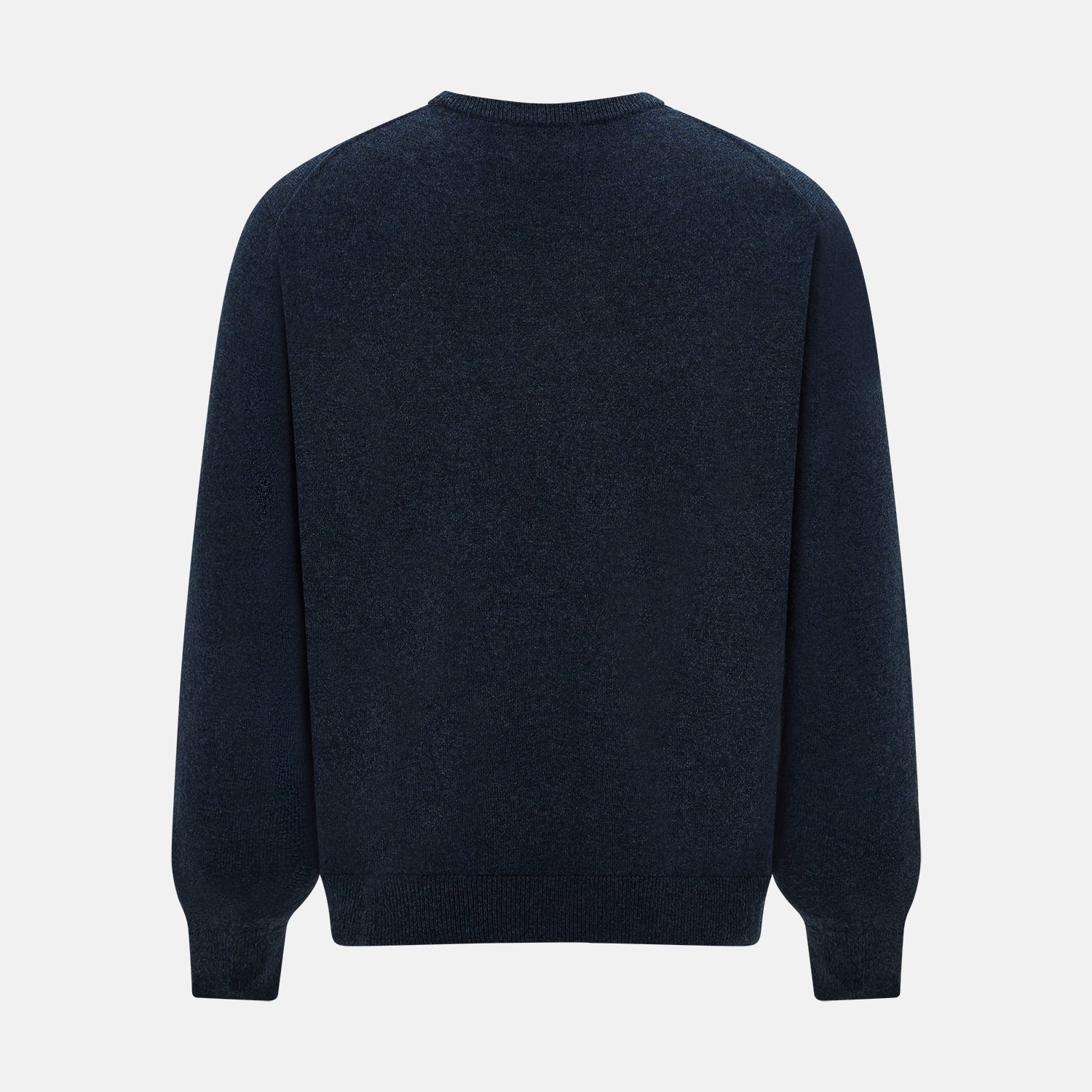 View 3 of product The Turnbull & Asser Midnight Blue Cashmere Round Neck Jumper, featuring long sleeves and ribbed trims, is shown against a light grey background.