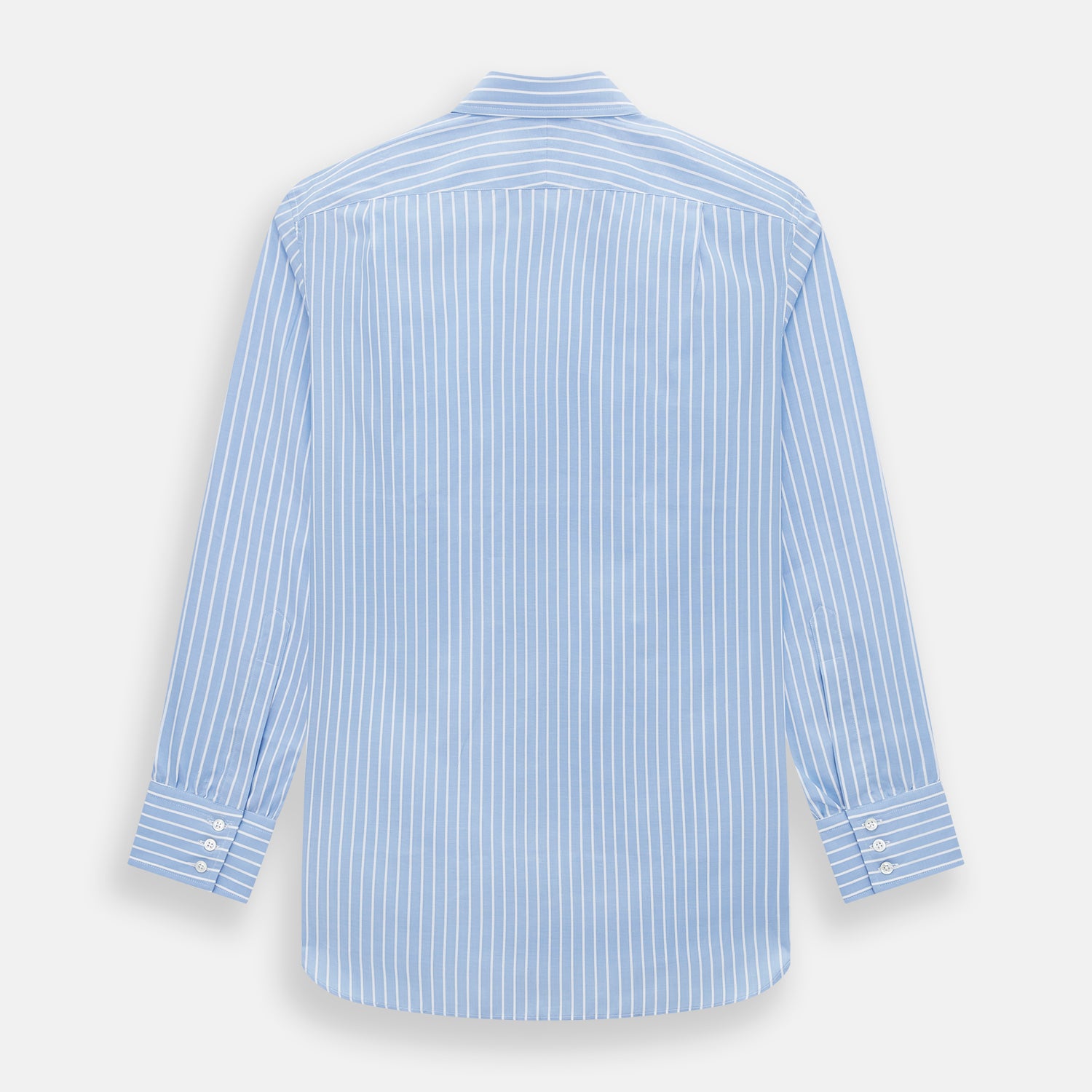 View 3 of product The Turnbull & Asser Sky Blue Wide Pinstripe Mayfair Shirt features long sleeves, a classic collar, and buttoned cuffs, laid flat against a white background for a refined formal look.