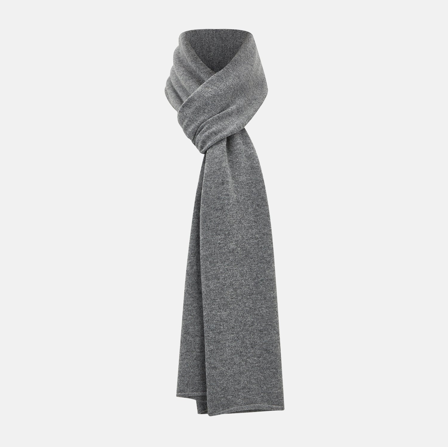 View 1 of product The Turnbull & Asser Plain Grey Cashmere Knitted Scarf is shown draped against a white background, highlighting its soft luxury and timeless appeal.