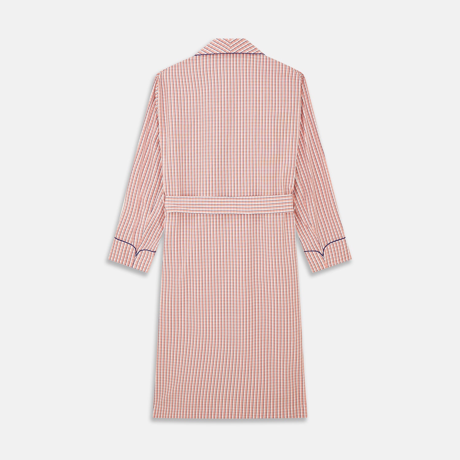 View 4 of product The Turnbull & Asser Orange Multi Check Cotton Arnold Gown features long sleeves, a shawl collar, wrap-around belt, and dark piping on the edges and pocket, displayed flat on a white background.