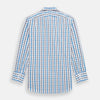 View 3 of product The Turnbull & Asser Blue and Navy Combination Check Mayfair Shirt features a classic button-up style with long sleeves, T&A collar, and a blue, navy, and white check pattern, shown against a plain white background.