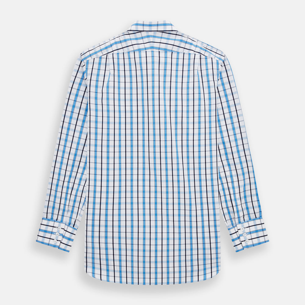 The Turnbull & Asser Blue and Navy Combination Check Mayfair Shirt features a classic button-up style with long sleeves, T&A collar, and a blue, navy, and white check pattern, shown against a plain white background.