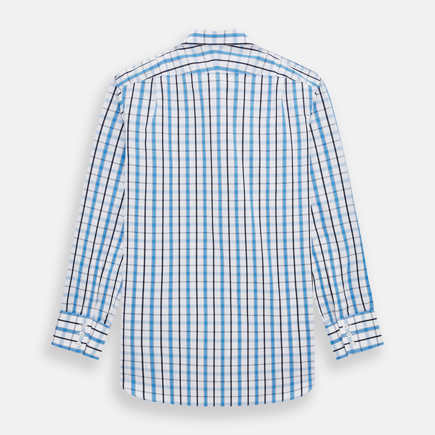 View 3 of product The Turnbull & Asser Blue and Navy Combination Check Mayfair Shirt features a classic button-up style with long sleeves, T&A collar, and a blue, navy, and white check pattern, shown against a plain white background.