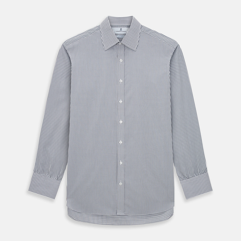 The Grey Double Graph Mayfair Shirt by Turnbull & Asser is a long-sleeve, button-down cotton shirt with a black and white double graph check, chest pocket, and classic collar.