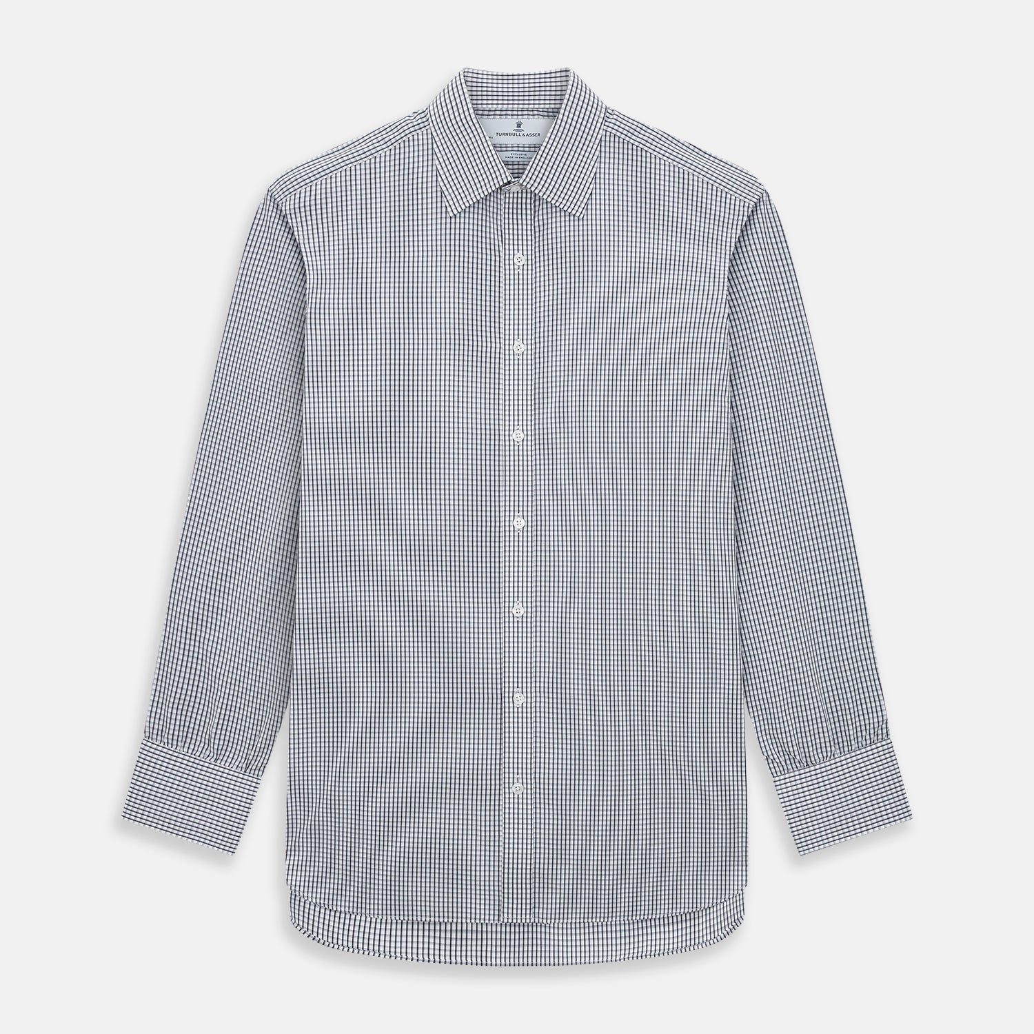 View 1 of product The Grey Double Graph Mayfair Shirt by Turnbull & Asser is a long-sleeve, button-down cotton shirt with a black and white double graph check, chest pocket, and classic collar.
