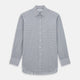 The Grey Double Graph Mayfair Shirt by Turnbull & Asser is a long-sleeve, button-down cotton shirt with a black and white double graph check, chest pocket, and classic collar.