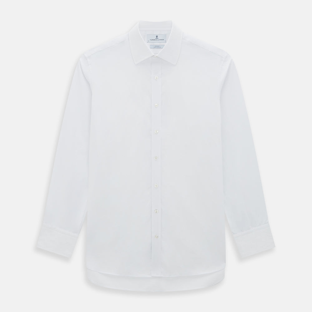 The Turnbull & Asser White Mayfair Shirt is a classic long-sleeve style, crafted from premium sanforised cotton with a collar and button-down front, shown flat against a white background.