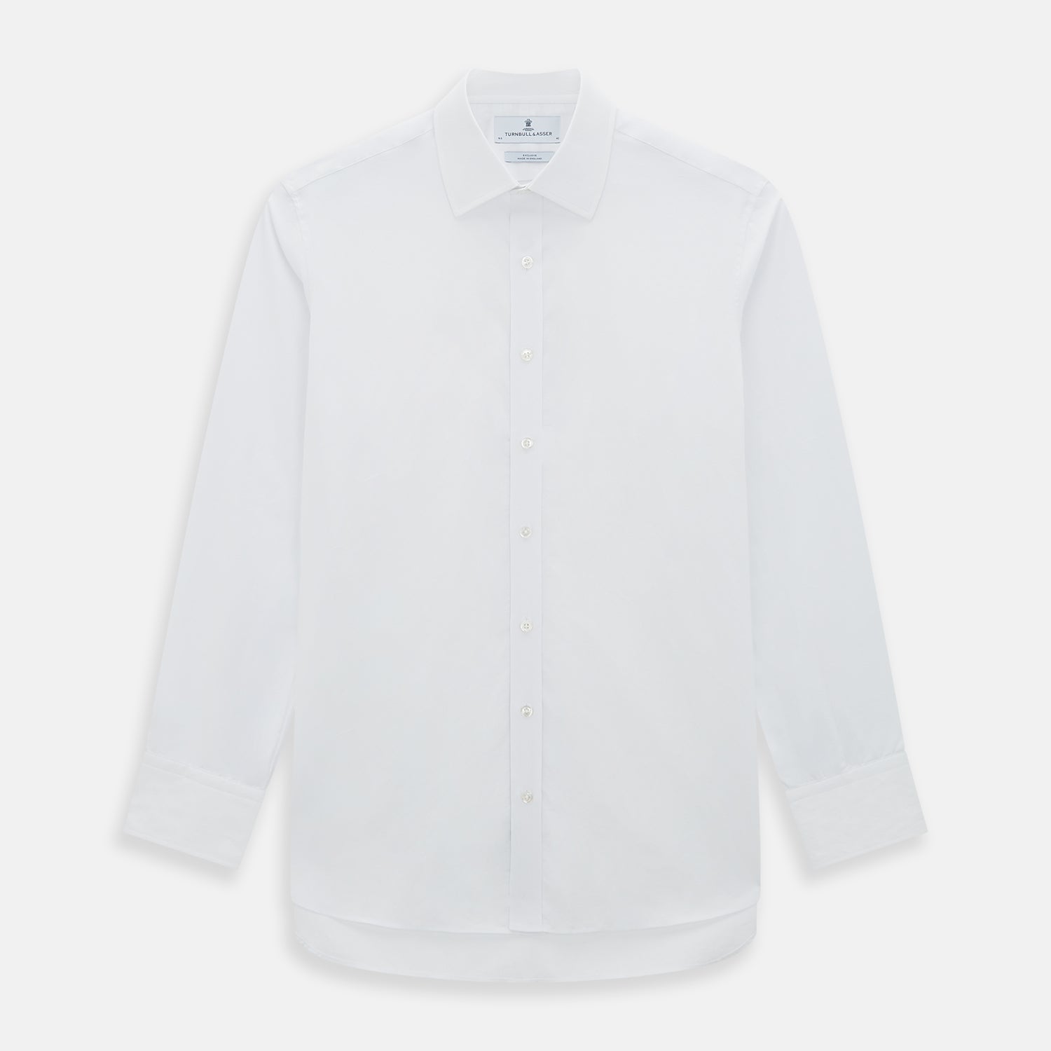 View 1 of product The Turnbull & Asser White Mayfair Shirt is a classic long-sleeve style, crafted from premium sanforised cotton with a collar and button-down front, shown flat against a white background.