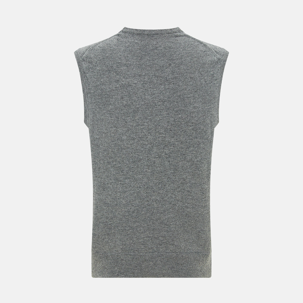Turnbull & Asser's Grey Melange V-neck Cashmere Vest features classic ribbed trim at the neck, armholes, and hem—an elegant addition to any gentleman’s wardrobe, shown here against a plain white background.