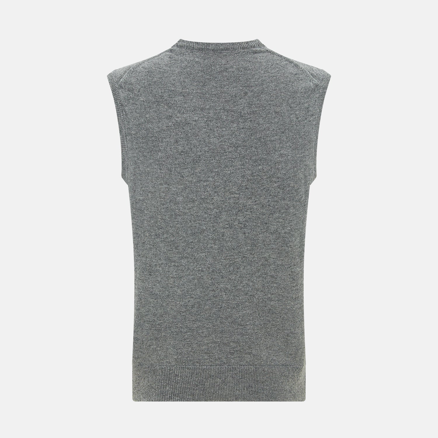 View 3 of product Turnbull & Asser's Grey Melange V-neck Cashmere Vest features classic ribbed trim at the neck, armholes, and hem—an elegant addition to any gentleman’s wardrobe, shown here against a plain white background.