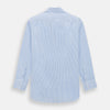 View 3 of product The Turnbull & Asser Blue Bengal Stripe Mayfair Shirt features light blue and white vertical stripes, a classic T&A collar, white buttons, and buttoned cuffs. Laid flat on a white background.