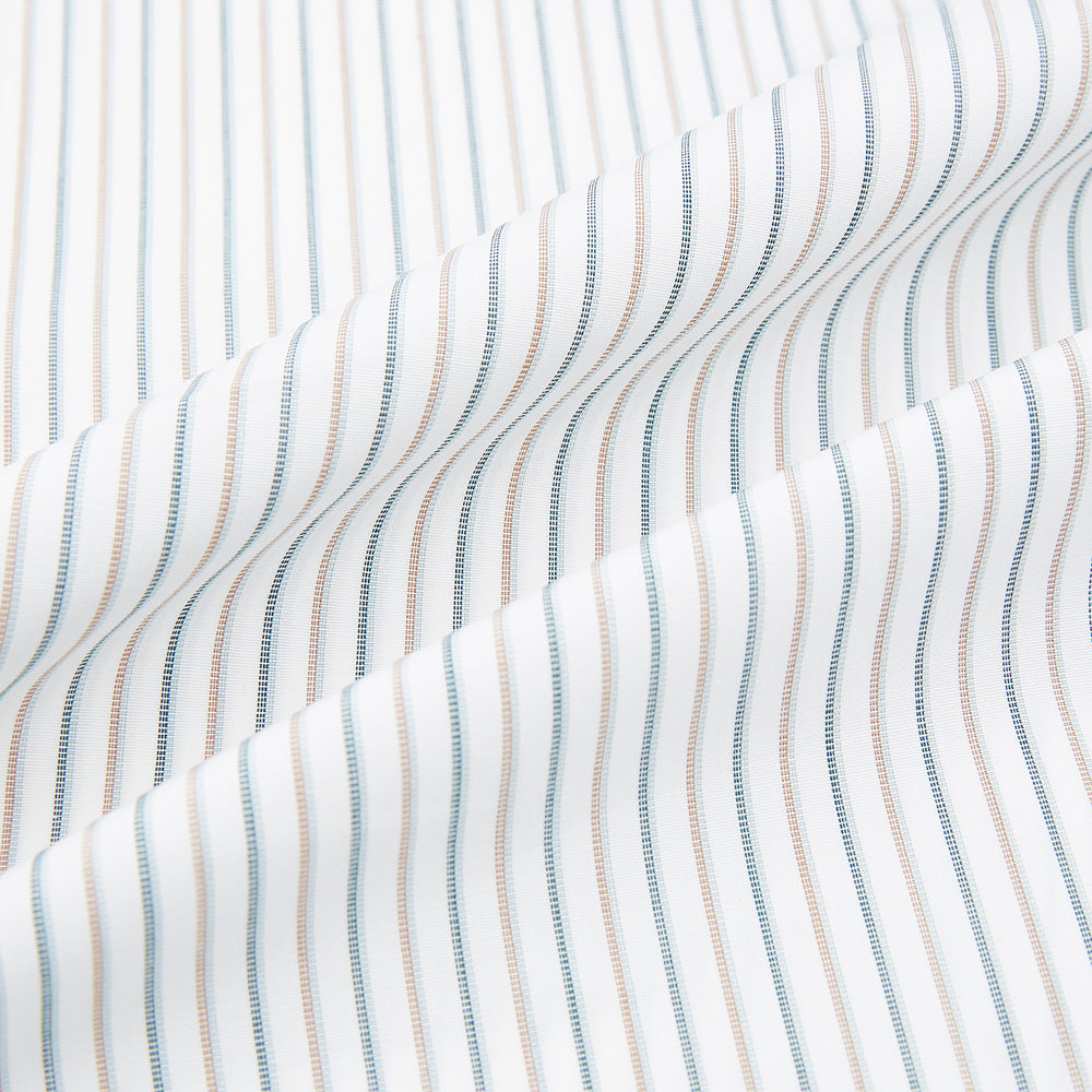The Teal Double Stripe Mayfair Shirt by Turnbull & Asser is a long-sleeved, button-up shirt with thin teal stripes, a pointed collar, and buttoned cuffs—an essential piece for any gentleman’s wardrobe, shown laid flat on a white background.