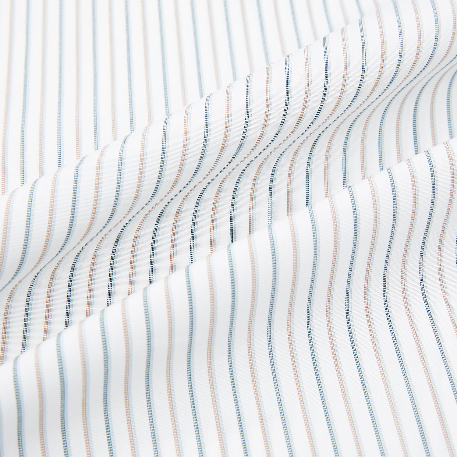View 6 of product The Teal Double Stripe Mayfair Shirt by Turnbull & Asser is a long-sleeved, button-up shirt with thin teal stripes, a pointed collar, and buttoned cuffs—an essential piece for any gentleman’s wardrobe, shown laid flat on a white background.