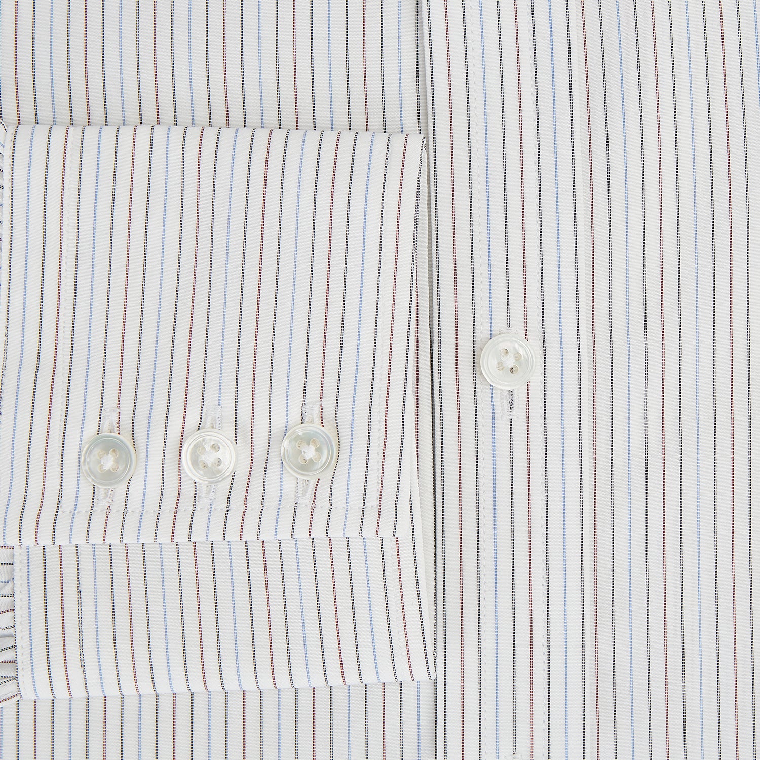 View 4 of product The Turnbull & Asser Red and Blue Double Pinstripe Mayfair Shirt features long sleeves, a collar, and button-up front, crafted from fine Italian cotton, displayed on a plain white background.