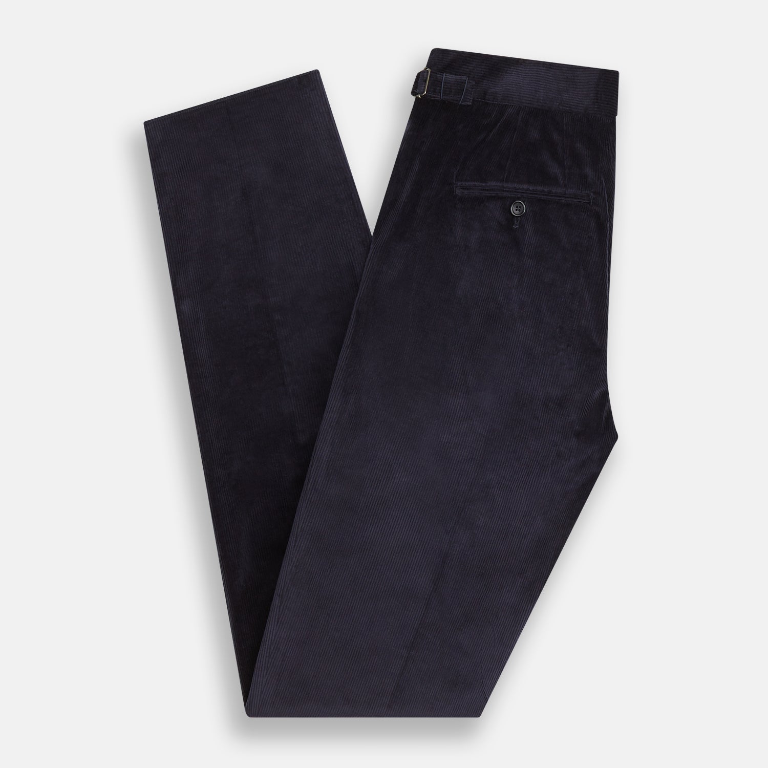 View 5 of product The Turnbull & Asser Navy Corduroy Henry Trousers are tailored fit with a straight-leg cut, made from a wool-cotton blend, and feature front button and zip closure, shown against a plain white background.