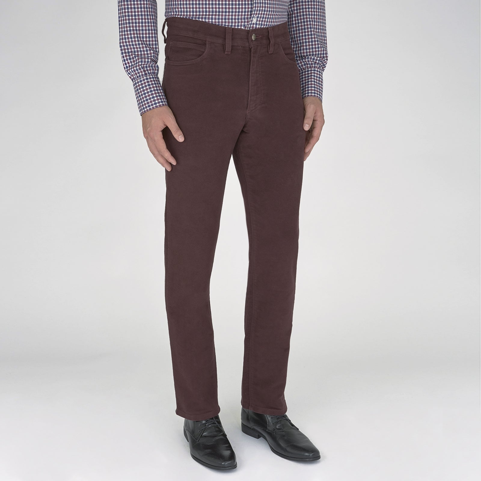 View 2 of product A pair of Purple 5 Pocket Jeans by Turnbull & Asser, featuring a straight-leg, high-waisted design with front and back pockets, displayed against a plain white background.