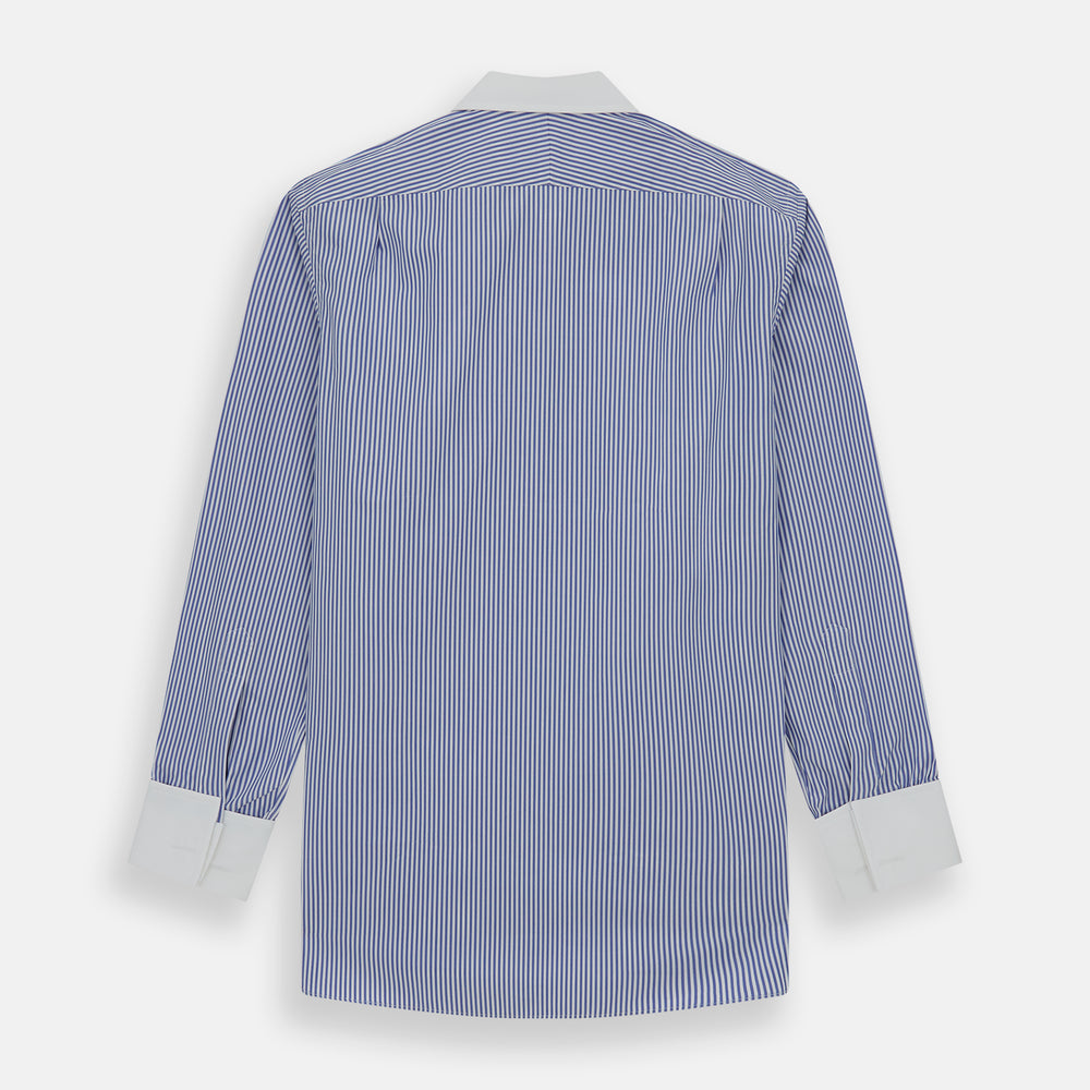 The Gekko Shirt by Turnbull & Asser features blue and white stripes with a white classic T&A collar and double cuffs, inspired by the Wall Street film. Shown on a plain white background.