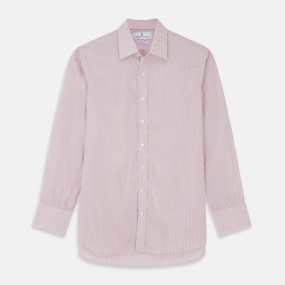 A circular view of Turnbull & Asser's Burgundy Stripe West Indian Sea Island Cotton Fabric, featuring alternating thick and thin red stripes on white, bordered by a thin gray frame.