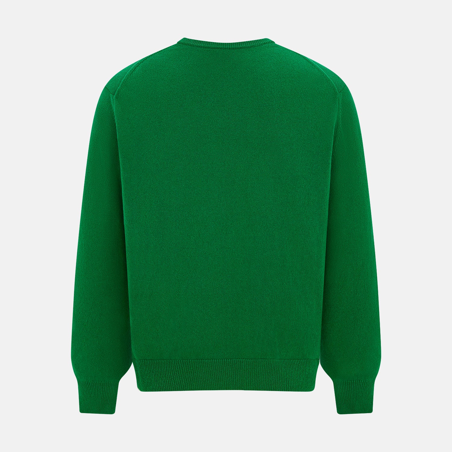 View 8 of product The Turnbull & Asser Grass Green Cashmere Round Neck Jumper features long sleeves, ribbed cuffs, collar, and hem, shown on a white background.