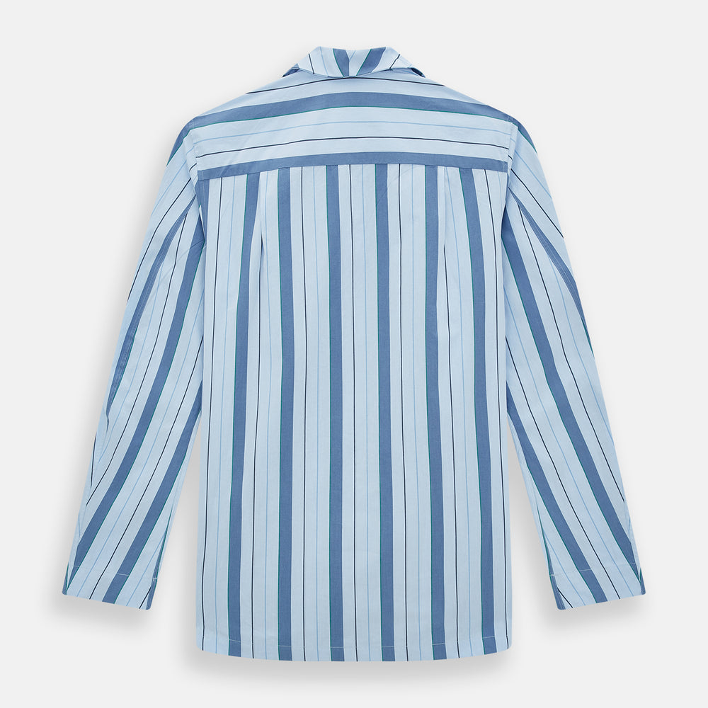 The Blue Baiadera Stripe Pyjama Shirt by Turnbull & Asser features long sleeves, a chest pocket, and a notched collar for an elegant nightwear look, shown on a white background.