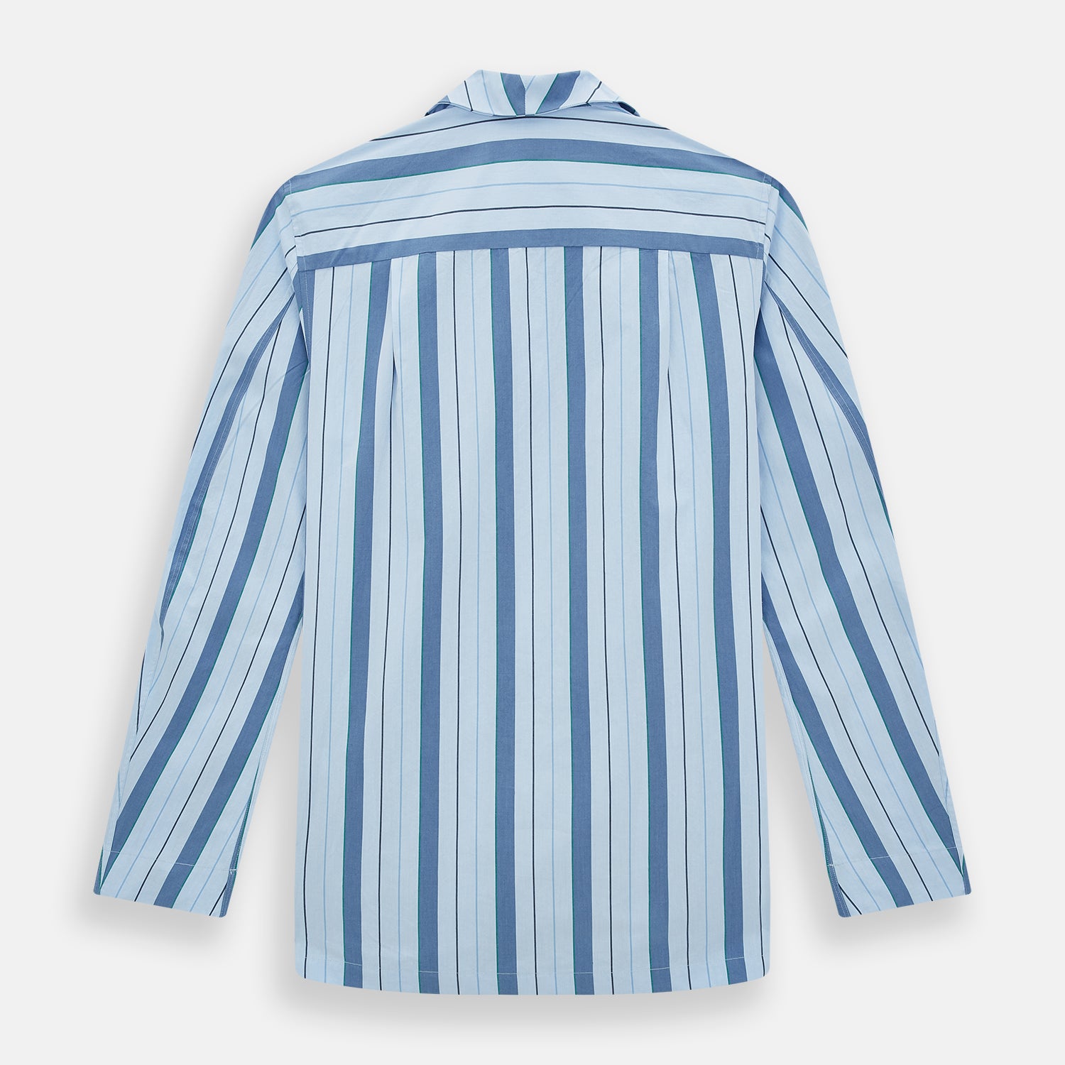 View 3 of product The Blue Baiadera Stripe Pyjama Shirt by Turnbull & Asser features long sleeves, a chest pocket, and a notched collar for an elegant nightwear look, shown on a white background.