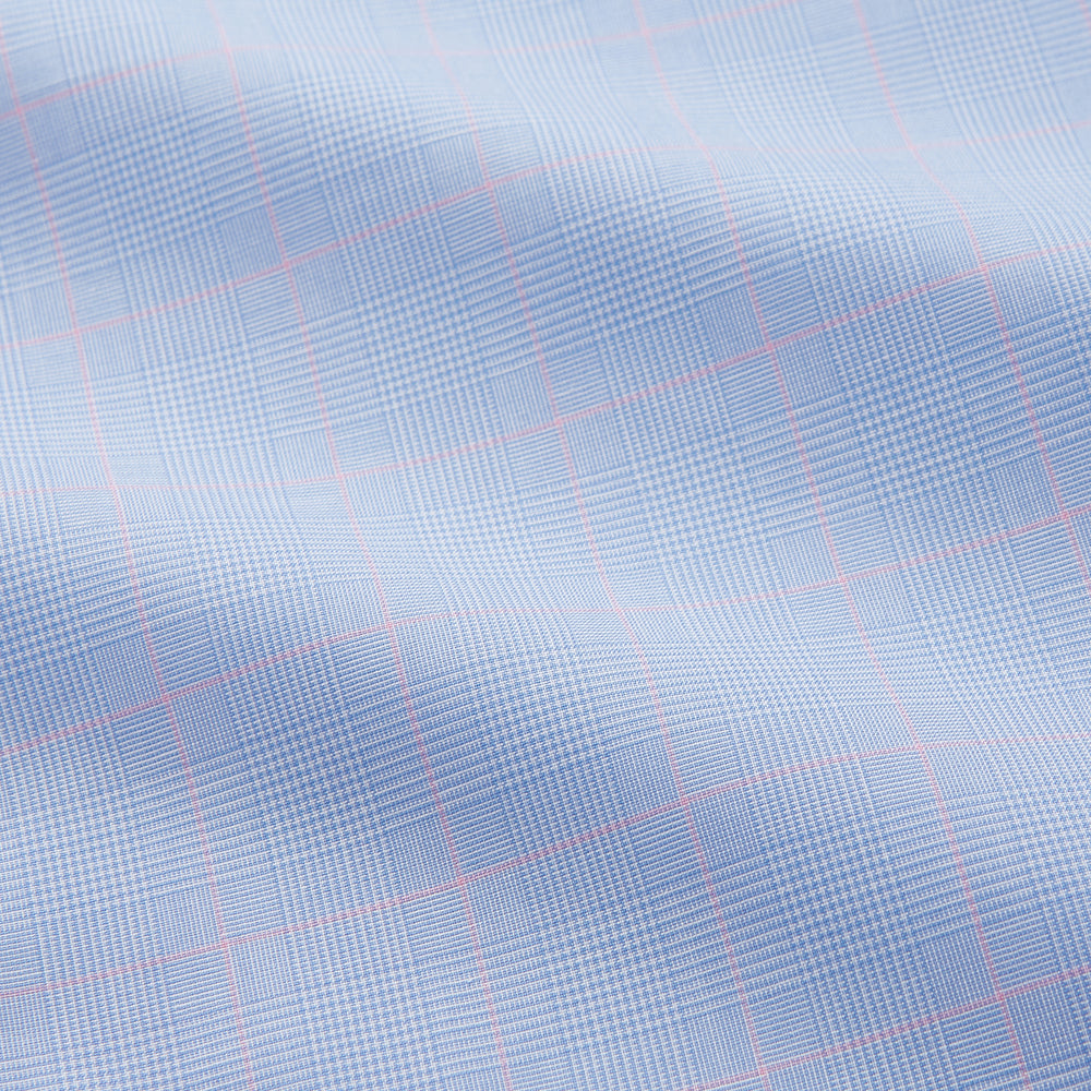 A Turnbull & Asser Blue and Pink Prince of Wales Check Mayfair Shirt with long sleeves, classic collar, buttoned front and cuffs, is neatly laid flat on a white background.