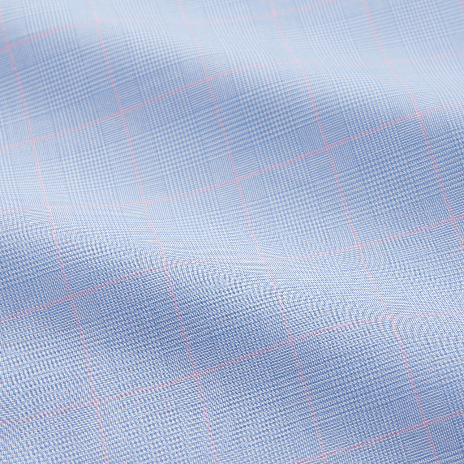 View 4 of product A Turnbull & Asser Blue and Pink Prince of Wales Check Mayfair Shirt with long sleeves, classic collar, buttoned front and cuffs, is neatly laid flat on a white background.
