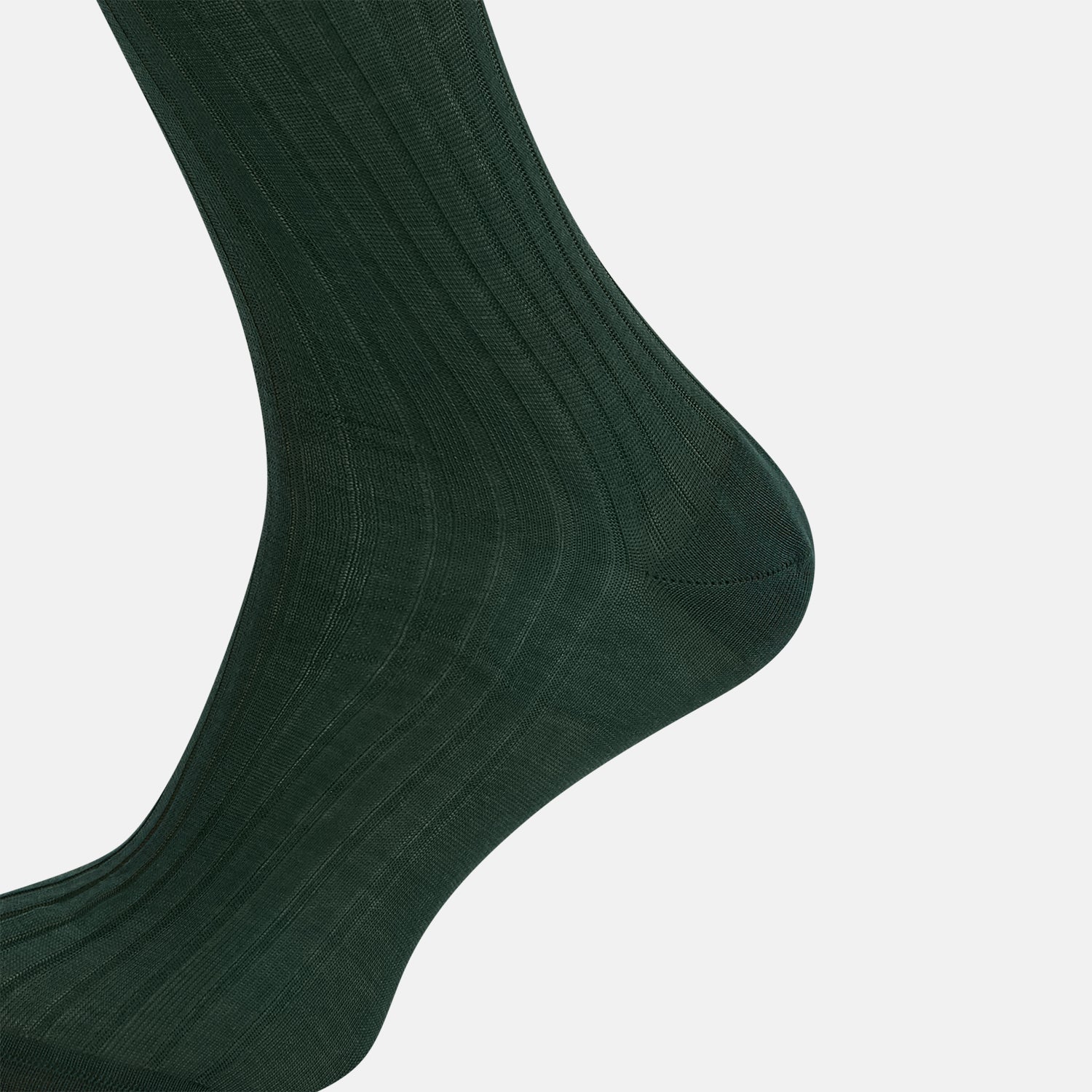 View 4 of product The Turnbull & Asser Olive Long Socks, featuring a ribbed texture, are shown over the calf on a plain white background—a refined addition to any men’s dress sock collection.