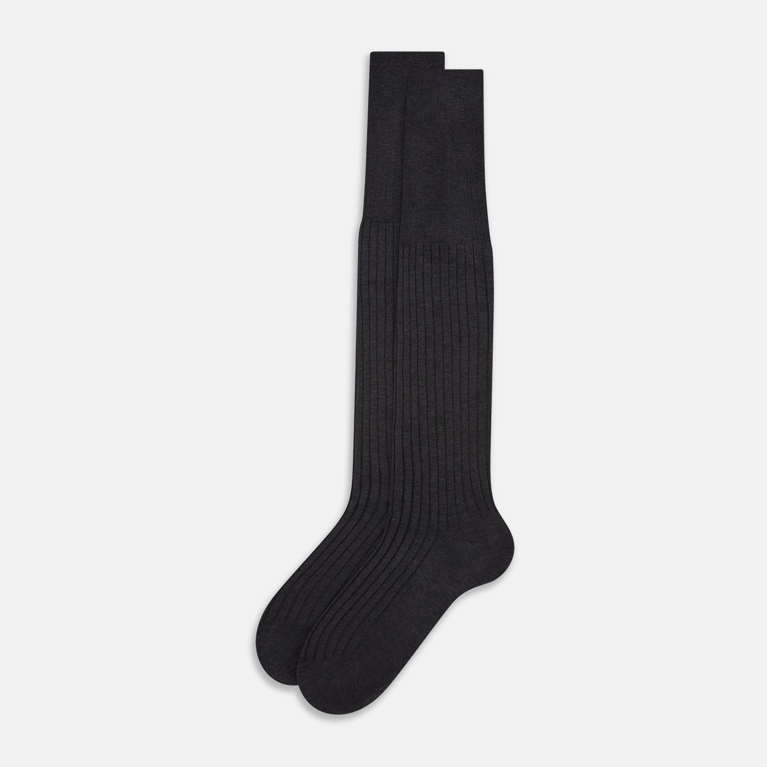 View 2 of product A single Turnbull & Asser Charcoal Long Sock, crafted from mercerised Egyptian cotton with a ribbed texture, is shown on a plain white background, positioned as if worn with the heel slightly raised.