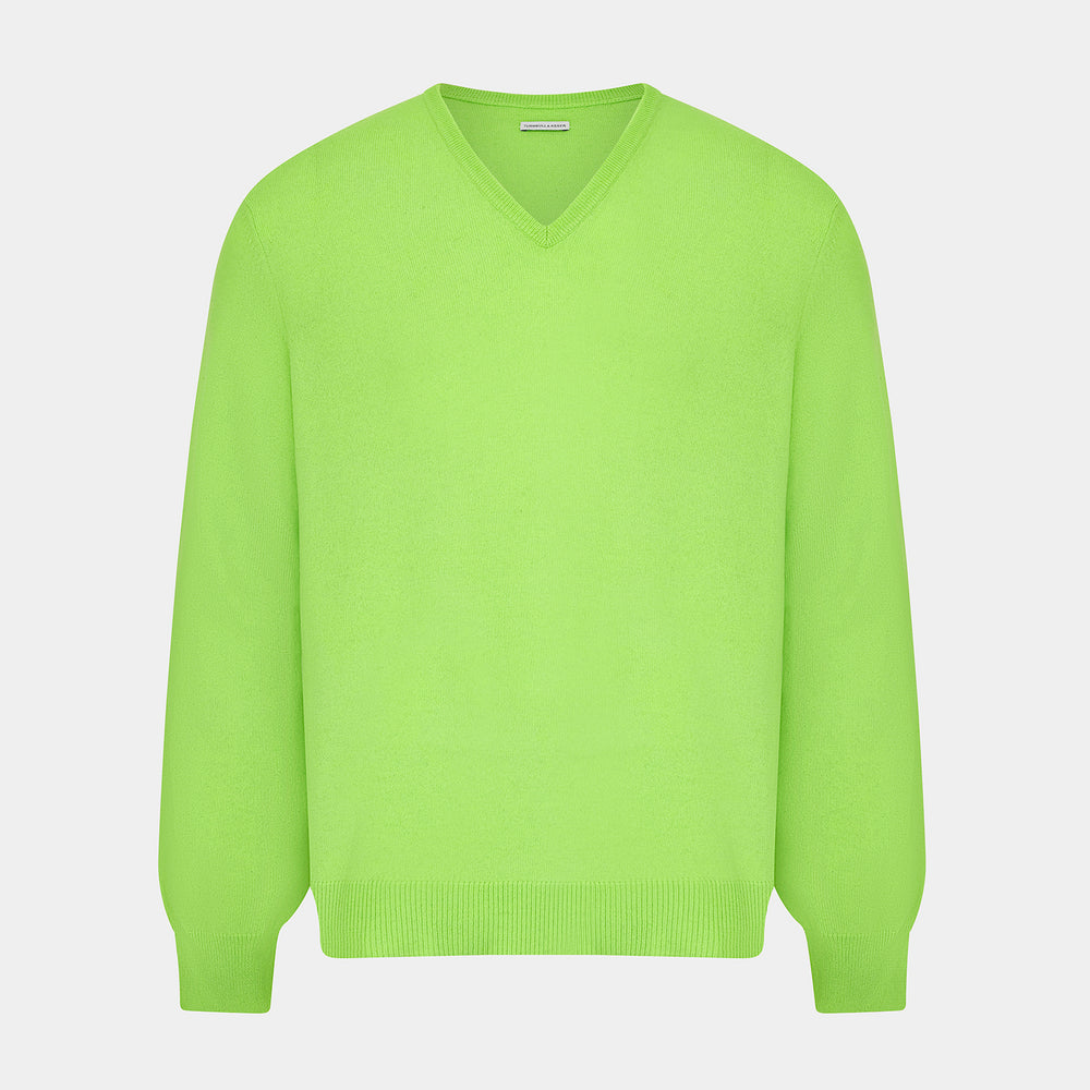 The Turnbull & Asser Bright Green Cashmere V-Neck Jumper, a long-sleeved knitwear piece, is showcased against a plain light gray background.